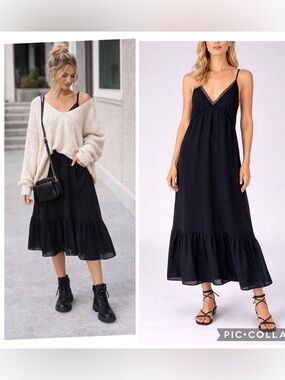 I Joah Black Lace Trim Slip Dress Strappy Back Midi Boho Chic Dress